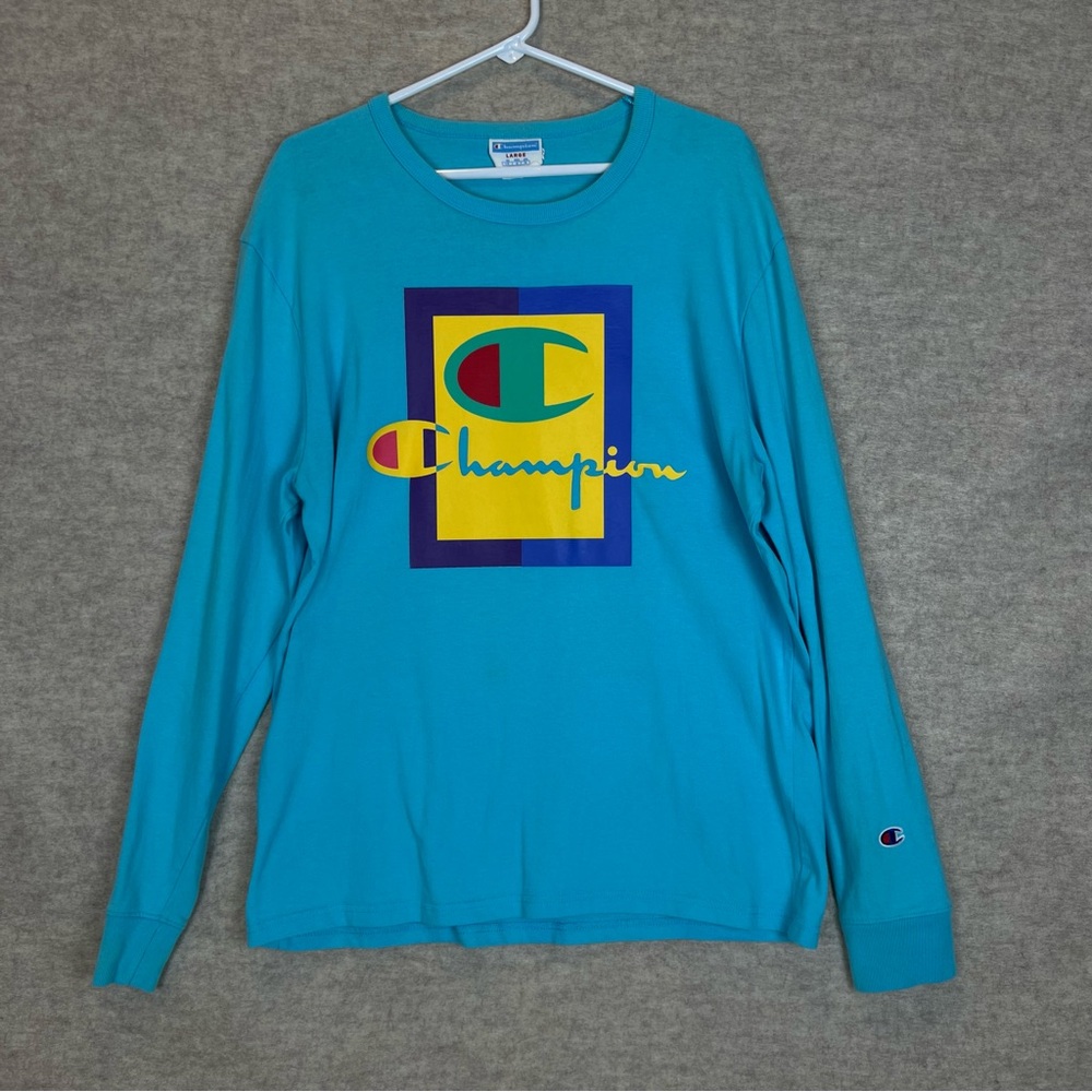Champion Vintage retro Aqua Blue Long Sleeve T-Shirt - Size Large